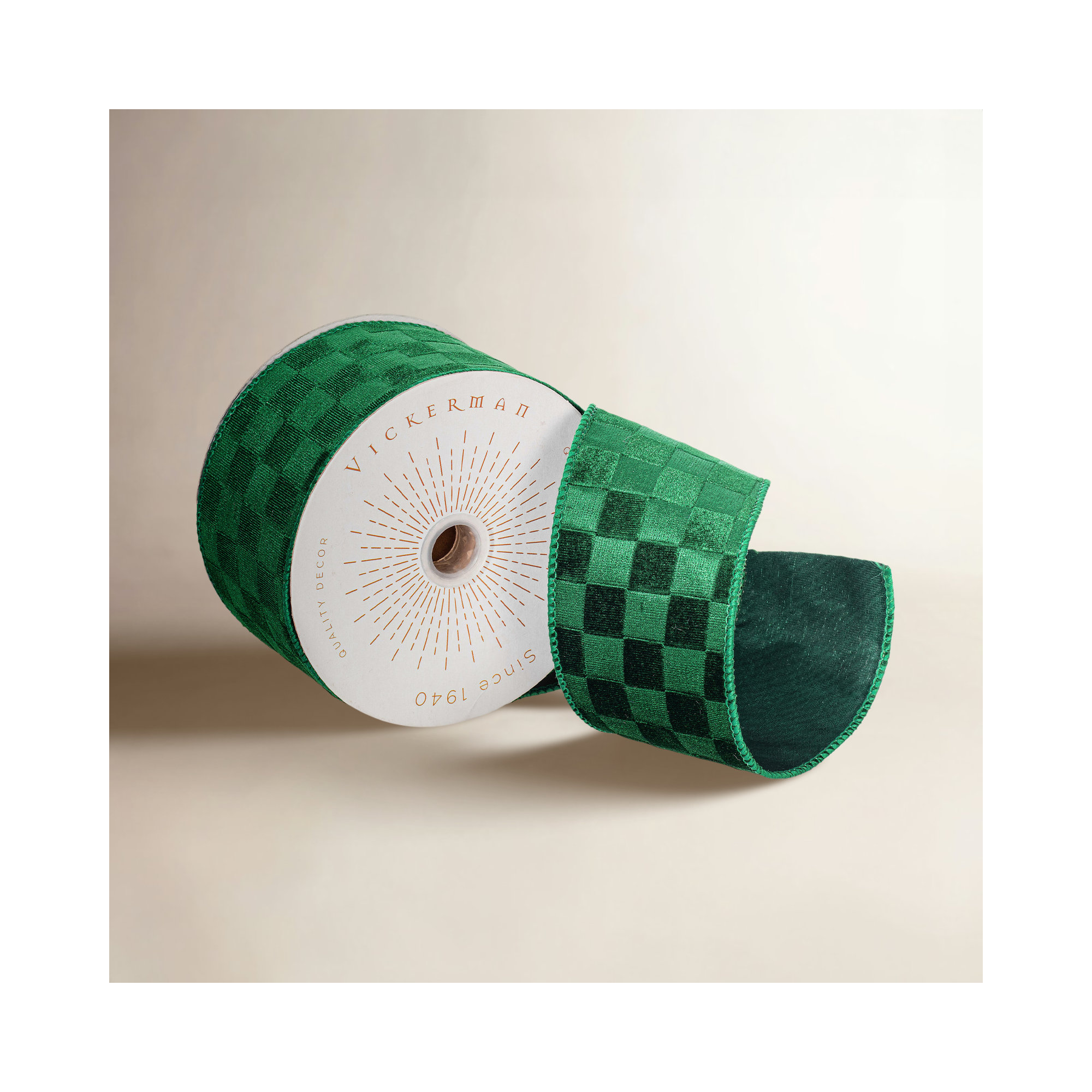 Vickerman 10yd Velvet Checkered Satin Back Ribbon., 0.2" H x 360" W x 4" D, Green