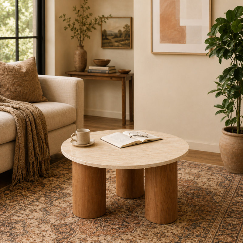 Cole And Grey Wood Living Room Coffee Table With Beige Marble Top
