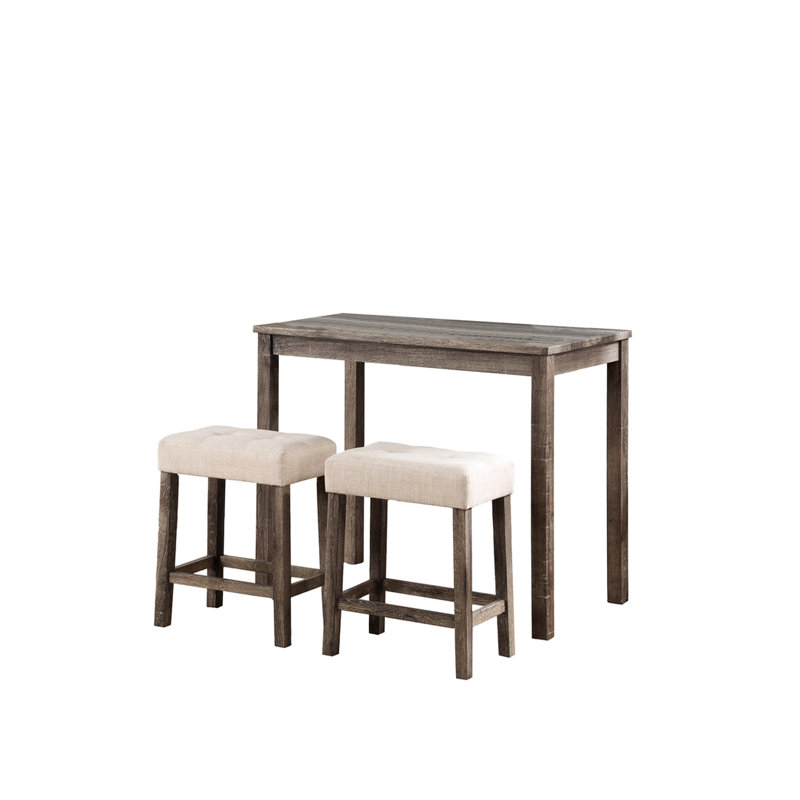 Table de pub de 36 po de hauteur comptoir avec 2 tabourets en lin blanc crème, motif en bois naturel patiné, pieds de tabouret légèrement évasés, hauteur de 3 pièces, texture,