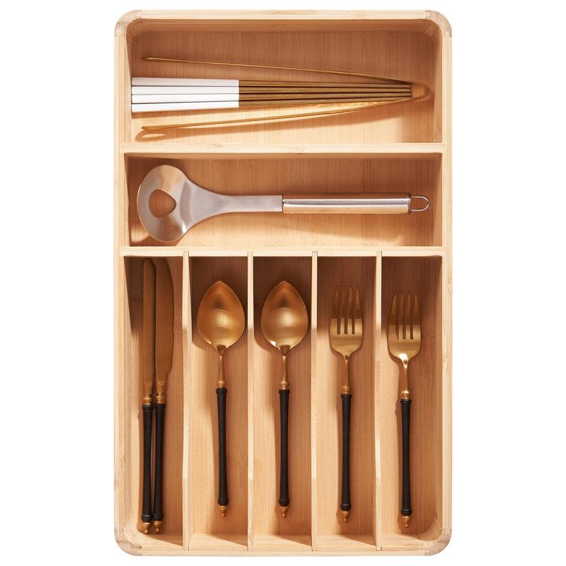Organisateur de tiroir - Plateau en bambou pour coutellerie, couverts et porte-ustensiles en bambou naturel
