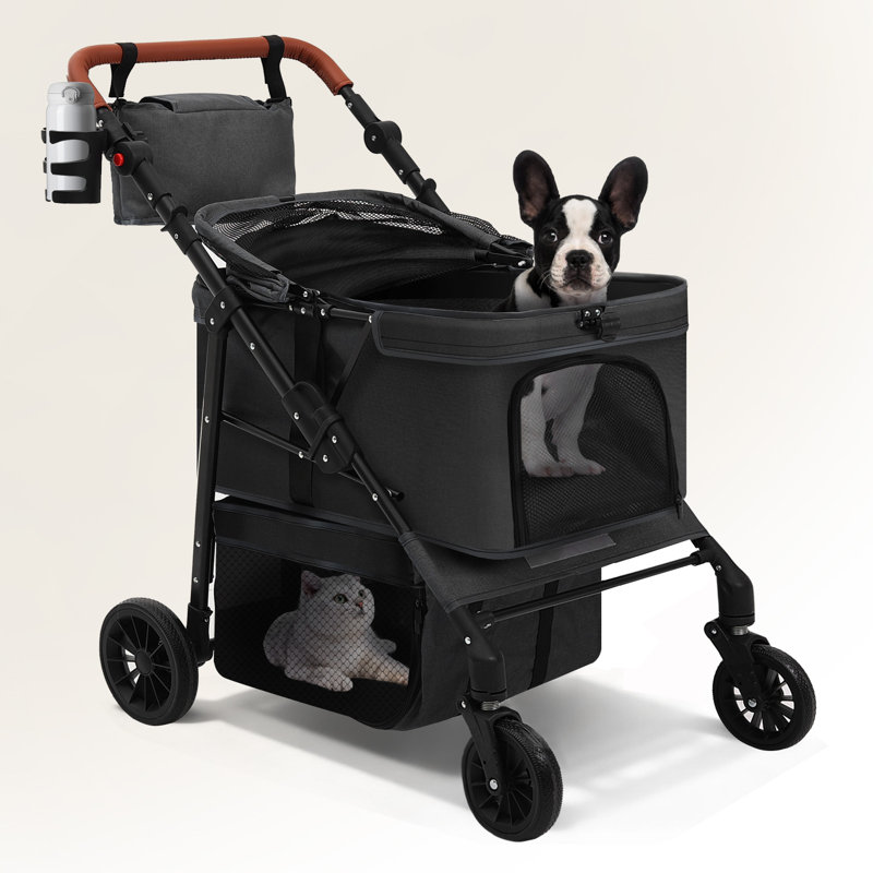 Poussette pour chien pour petits et moyens chiens, poussette pour animal de compagnie pour 2 petits chiens avec poignée et auvent réglables, très grand, pliable et ventilé, organisateur de rangement