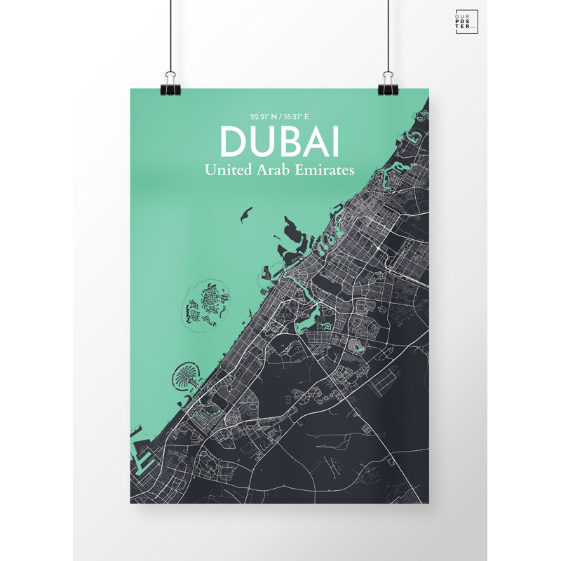 « dubaï city map », reproduction d’impression sur affiche en rêve, H 17 po x l 11 po