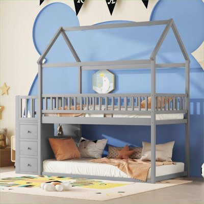 Lit superposé plateforme en pin massif, conception de maison simple sur simple avec tablettes et tiroirs intégrés pour chambre d'enfant
