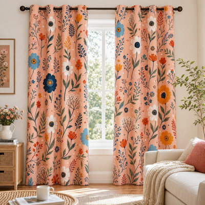 Ensemble de 2 rideaux à imprimé floral corail, style botanique vintage, motif floral bohème esthétique, occultants pour la décoration du salon et de la chambre à coucher.
