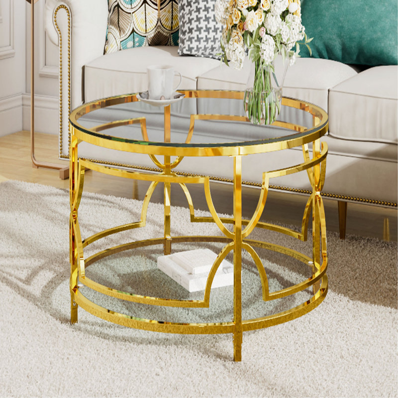 Table basse ronde en verre trempé de 30,7 po, structure en métal géométrique luxueuse, finition dorée et tablette inférieure, transparent
