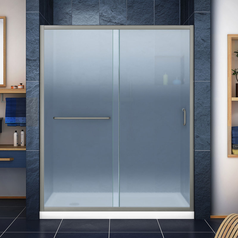  DreamLine Infinity-Z 32 inch D x 60 inch W x 74 3/4 inch H Semi-Frameless Sliding Clear Shower Door in Chrome with Left Drain White Shower Base Kit