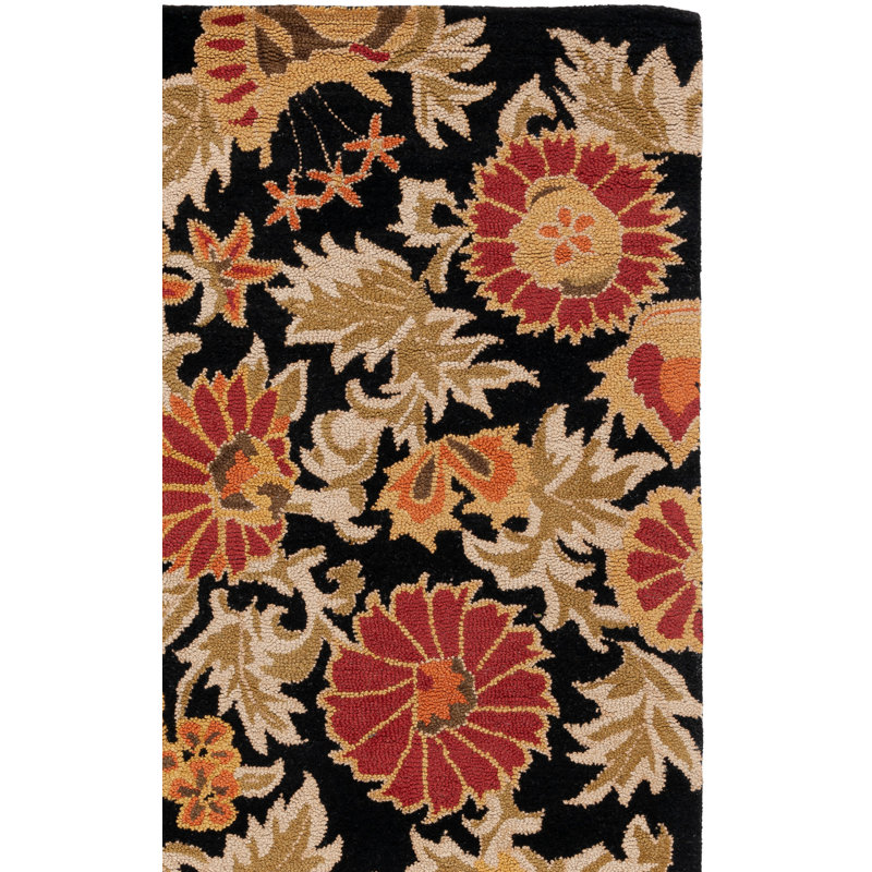 Emrick Blossom Hand Hooked Wool/Cotton/Latex Floral Rug in Black, Runner 2'3" x 11'