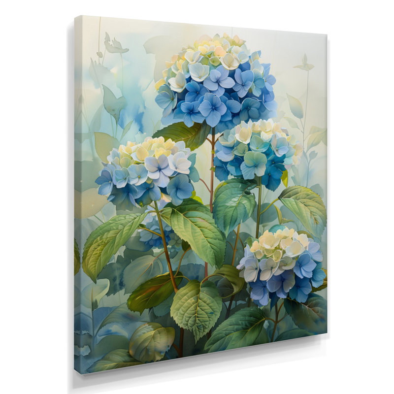 Bleu et vert jardin fleuri hortensia II - hortensia art mural, Toile tendue, H 24 po x l 32 po