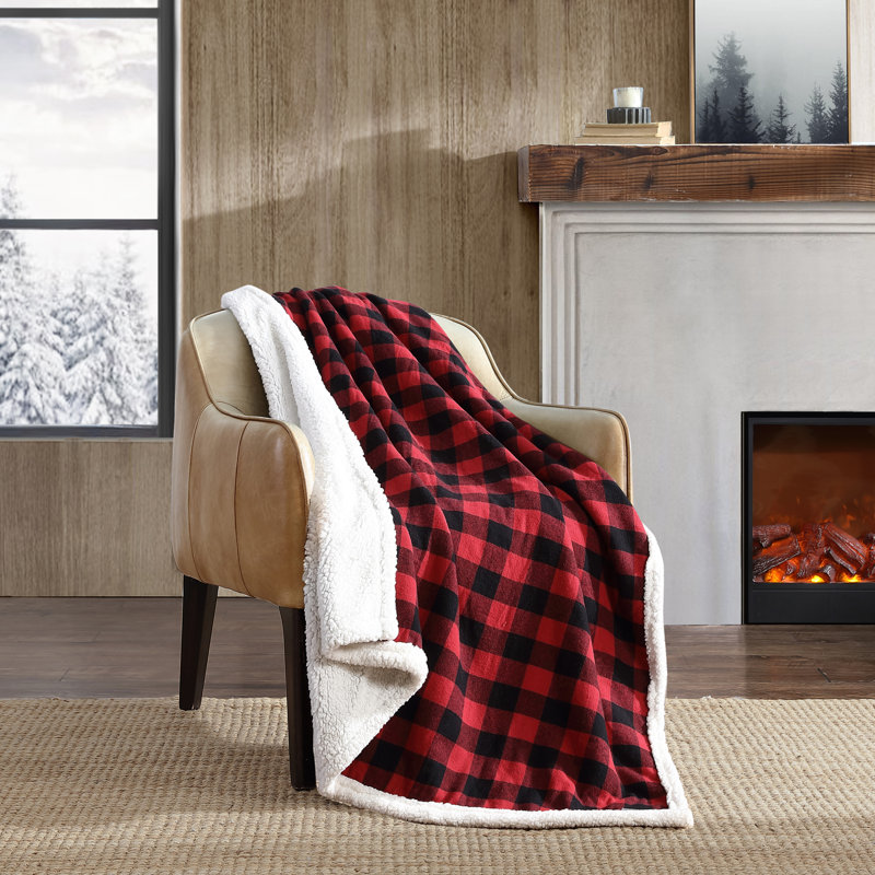 Eddie Bauer Cabin Plaid Flannel/Sherpa Throw Blanket, Red
