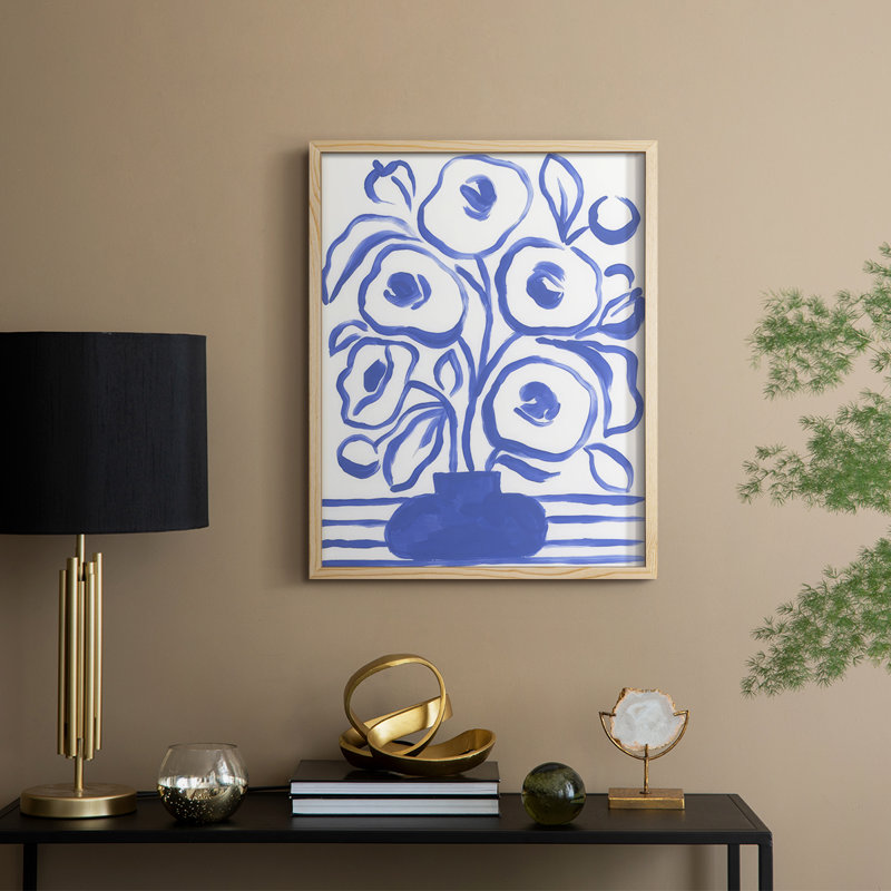 «Blue Brush Flowers I», reproduction encadrée - bois massif, H 30 po x l 24 po, Naturel