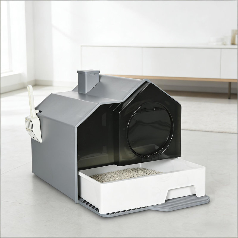 Litière à capuche pour chat avec pelle et tapis, Gris