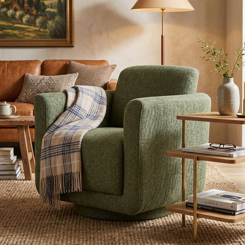 Fauteuil demi-tonneau rembourré et pivotant, Natté Laurel Forest