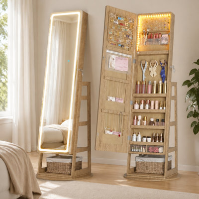Wood 360 Swivel LED Standing Jewelry Cabinet