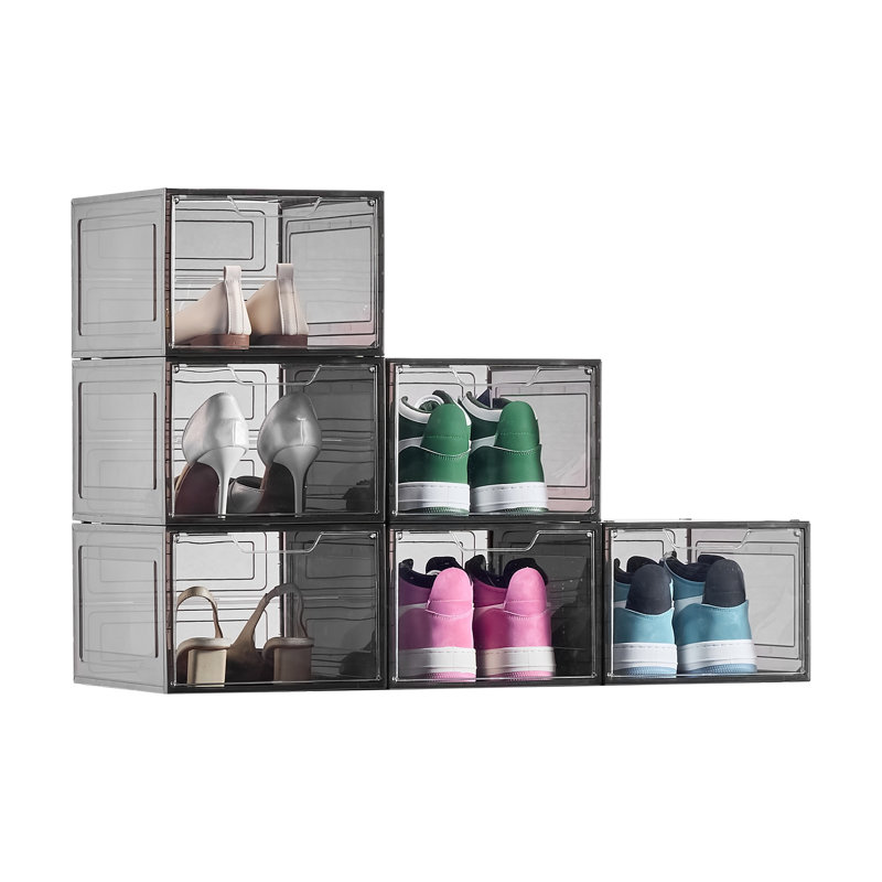 6-Pack Stackable Clear Shoe Storage Boxes with Magnetic Doors - Black Trim, Fits US Size 13, Black/Clear