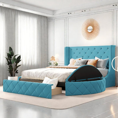Queen Upholstered Storage Platform Bed with Wingback Headboard, Drawer and Side Storage Stools
