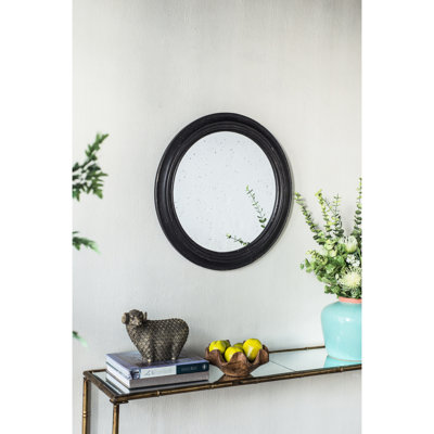 23.5" Circle Wall Mirror In Black Wooden Frame, Antique Classic Driving Force, Energy, And Appeal For Living Room, Passageway, Bathroom, Office With Wood Inspiring Energy Passage,