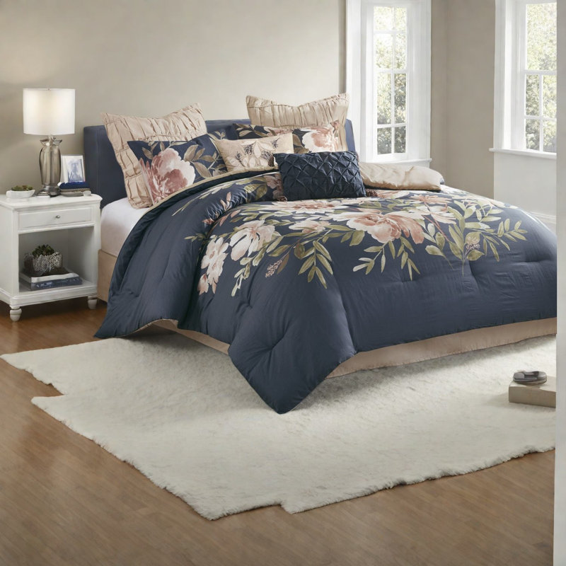 Ensemble de literie grand bleu marine, édredon en mélange de coton, motif floral chic chic