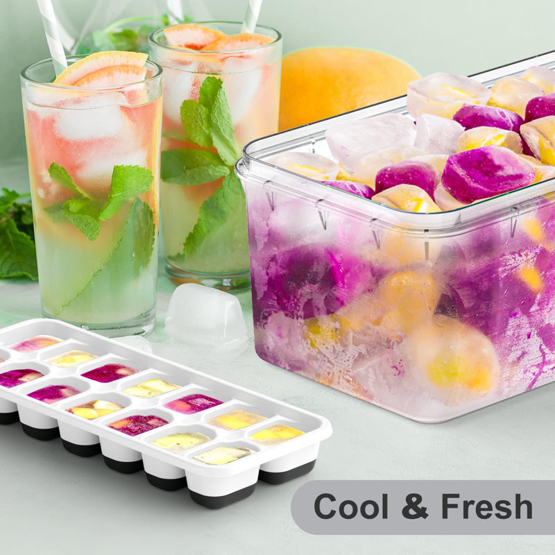 Ice Cube Tray, 4 Pack Stackable Silicone Rectangular 14-Ice Cube Tray Set With Lid & Bin, BPA-Free Sturdy Reusable Freezer Ice Trays For Drinks, Cocktails & Coffee - Easy Release(Black)