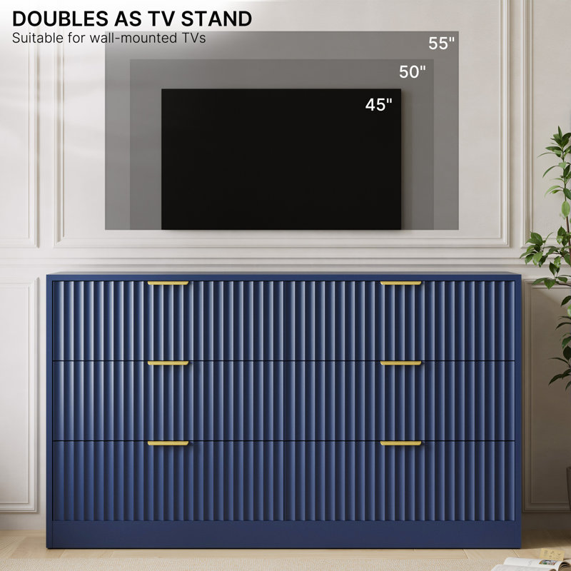 Commode cannelée pour chambre à coucher avec 6 tiroirs, commode moderne de 55,1 po de largeur avec poignée en métal, Blue