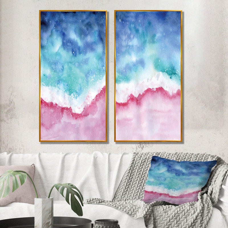 «Abstract Ocean Pink and Blue Waves», ensemble de 2 peintures sur toiles, H 32 po x l 32 po x P 1 po, Cadre flottant doré