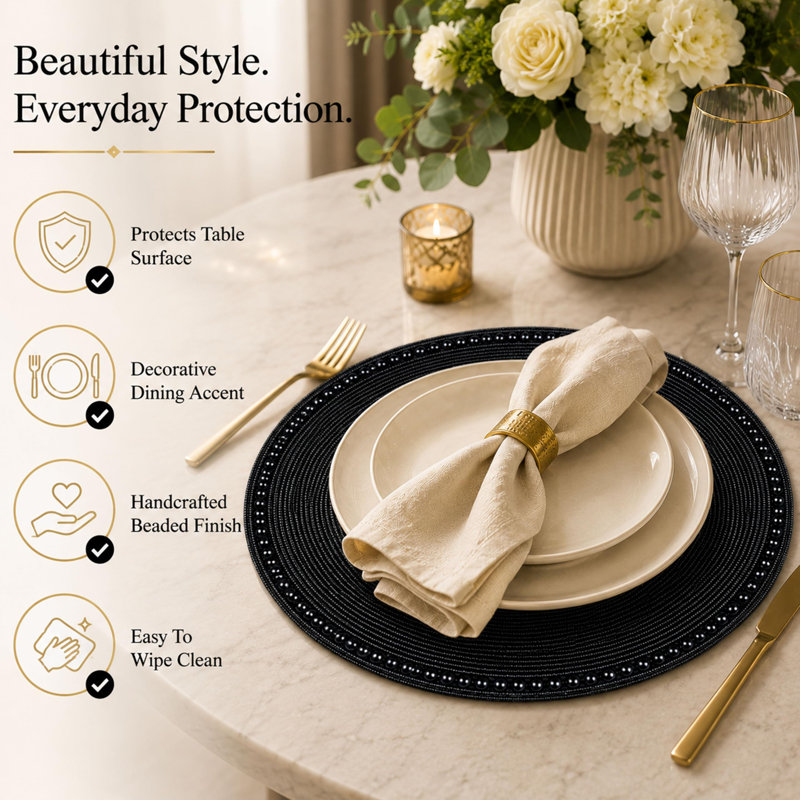 Ensembles de table ronds noirs de 33 cm (13 po) ornés de perles de verre, lot de 2, Black
