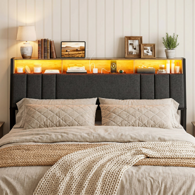 Hidden Storage Headboard King Size With Charging Station, Ergonomic Upholstered King Headboard Only With Led Lights, 2 Outlets & 2 Usb Ports, Attach Frame, Easy Assembly, Dark Grey