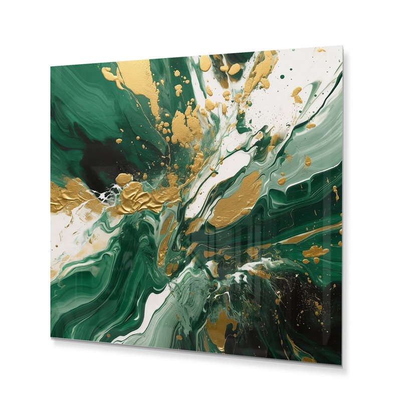 Magie liquide verte et dorée I - Décoration murale abstraite en métal, H 36 po x l 36 po x P 1 po