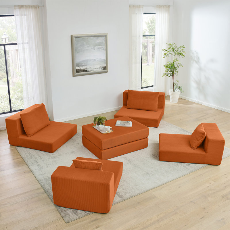 Canapé modulaire modulaire en nuage, canapé rembourré moderne en L avec repose-pieds amovible, canapé-lit à siège profond avec coussins décoratifs pour salon, appartement, petit espace, orange