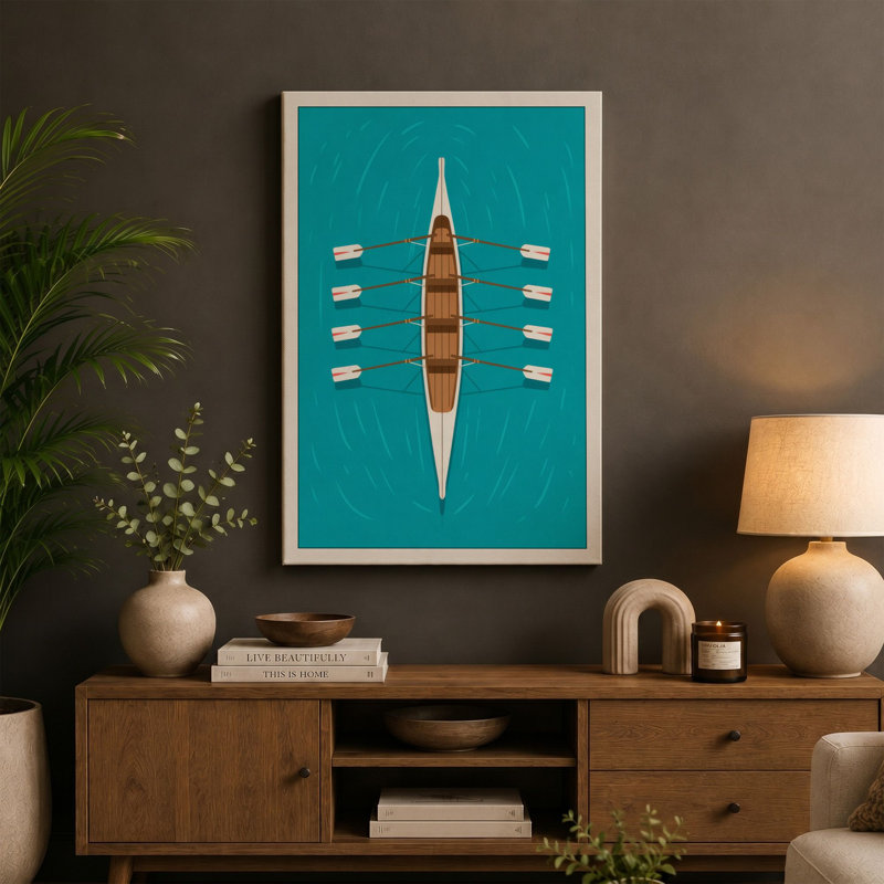 Rowing Boat from Above Geometric - Wrapped Canvas, 30x20 - 76.2 x 50.8 cm, Ochre Border