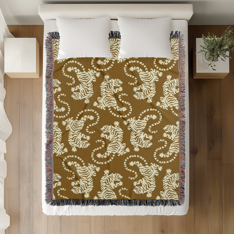 Jeté en mélange de coton Leonard Tiger, Brun / Blanc cassé, L 70 po x l 50 po