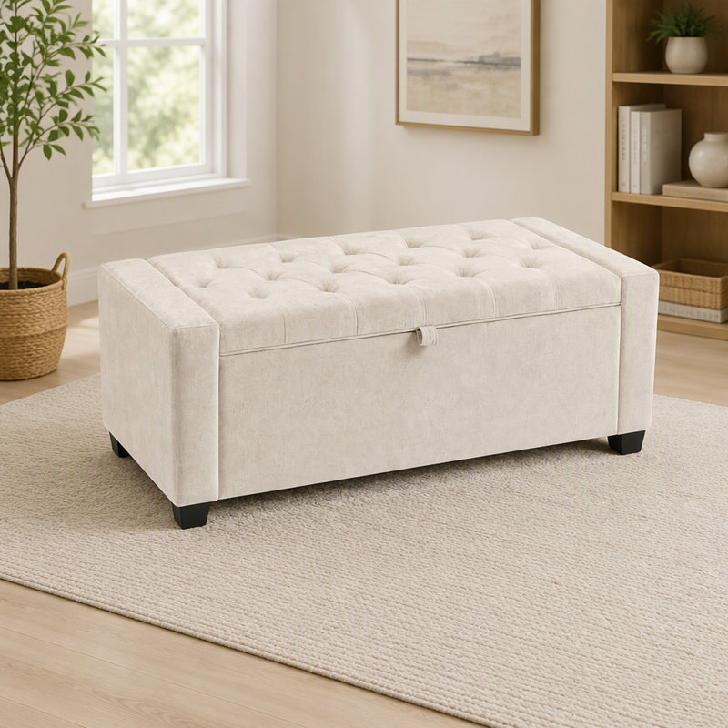 Banc de rangement en tissu chenille avec charnière de sécurité, Beige, Beige