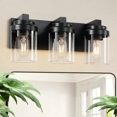 Applique murale noire mate n° 3 - Idéale pour la salle de bain, la chambre et le salon. Modèle moderne avec variateur et verre transparent, parfait pour un coin coiffeuse ou un miroir de salle de bain.