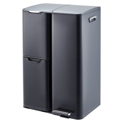 Triple Compartment Kitchen Trash and Recycle Bin - 16 Gallon Large Capacity - Stainless Steel Step Pedal Can with Removable Inner Buckets and Lid for Home, Office, Bathroom, Black
