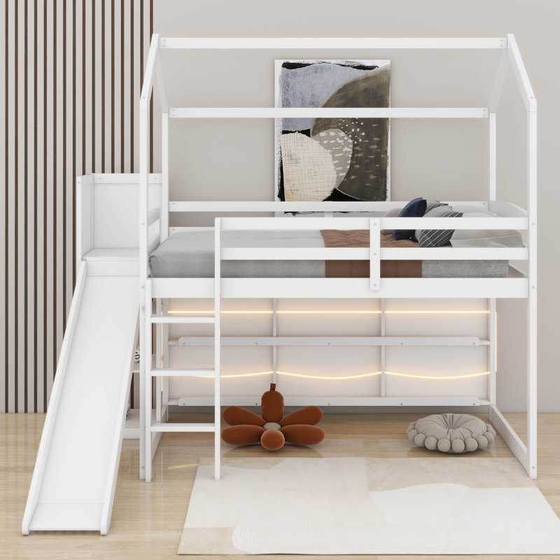 Twin Size Wood House Loft Bed With Slide,Shelves And Light, White