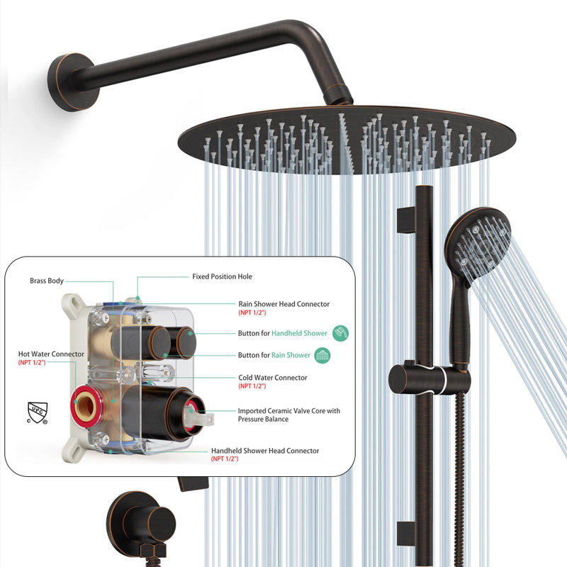 10 Inch Rainfall Shower Head With Handheld Combo Set With Slide Bar, Oil Rubbed Bronze