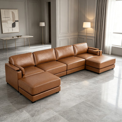 159" Modular Sectional Sofa, 4-Seat Couch with 2 Ottoman, High-Resilience Foam & Spring Seat with 180°Swivel Side Table & Cup Holder for Living Room