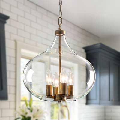Luminaire suspendu de style campagnard à 4 lumières avec abat-jour en verre transparent de 13,39 po pour salle à manger