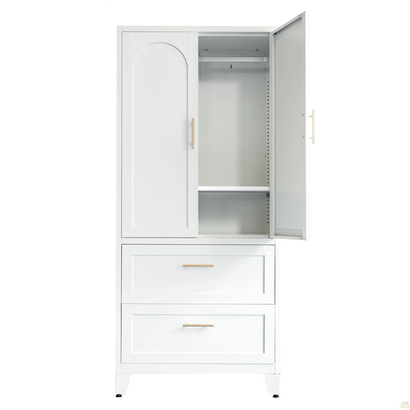 Armoire-penderie de 71 po de hauteur avec 2 tiroirs et une tringle, 2 portes avec garde-robe et tablette, Blanc