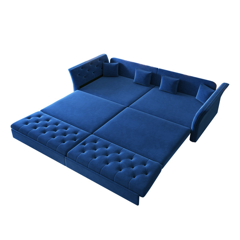 Canapé-lit escamotable surdimensionné de 100 po, canapé-lit convertible avec motif capitonné en tissu fait à la main, causeuse en velours multifonctionnel pour le salon, la chambre à coucher, un appartement, bleu