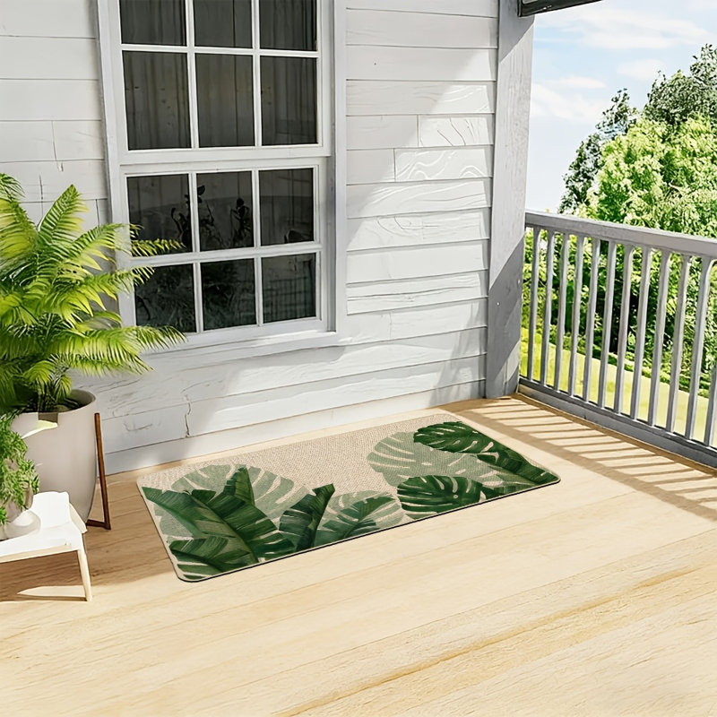 Tapis de porte printanier à motif de feuilles de Monstera et de bananier, tapis d'entrée tropical vert, tapis de bienvenue estival, tapis de porte décoratif extérieur antidérapant en caoutchouc pour la décoration saisonnière du plancher de la cuisine, 43 x 91 cm