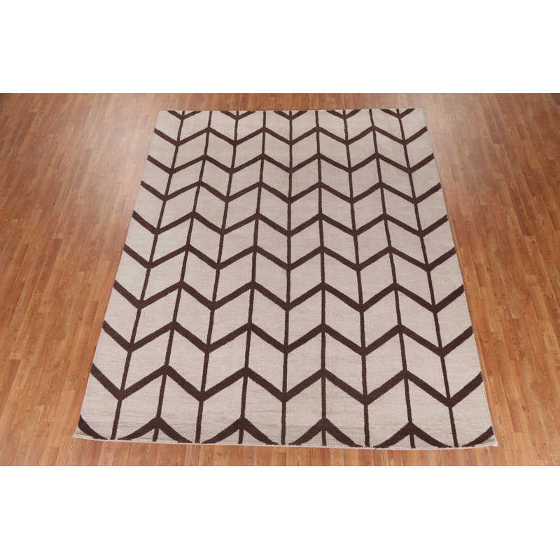 Tapis beige en laine noué à la main de conception unique 8 pi 0 po x 9 pi 10 po New Age