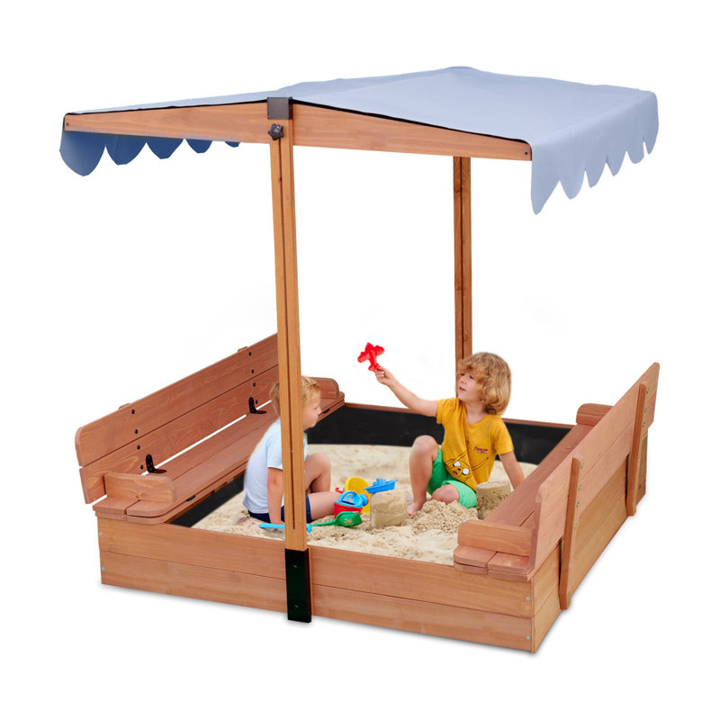 47" Fir Wood Outdoor Sandbox with Adjustable Canopy, Liner, Seats and Foldable Cover, Natural