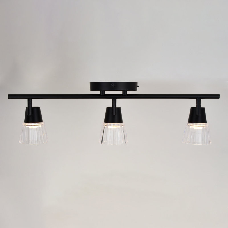 Hertford 23 In. Wide Matte Black Transitional Ceiling Track Lighting Fixture Kit With 3-Adjustable Light Heads, Clear Ribbed Glass Shade, Dimmable, Integrated LED, Semi Flush Mount Flexible Spotlight Bar