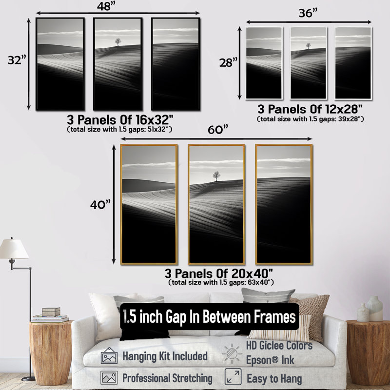 «Black and White Meadow Horizon Photo III», ensemble d'art mural sur toile, Cadre flottant blanc, H 40 po x l 60 po x P 1 po
