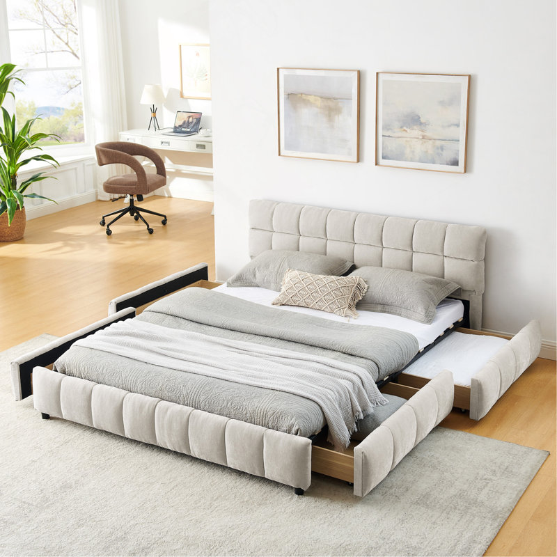 Queen Size Upholstered Bed ,Comfortable Upholstered Bed Frame, Chenille Fabric, With Headboard And Solid Bed Frame. With Drawer For Storage.-Beige(88.5''*68.5''*31'')