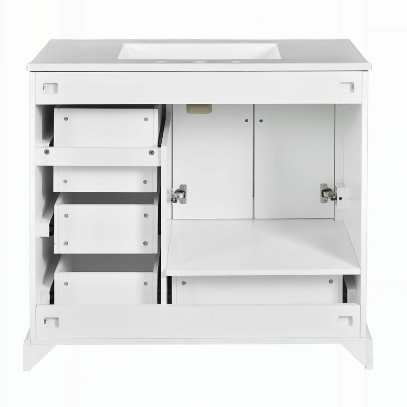 Meuble-lavabo traditionnel exquis avec lavabo en céramique et rangement abondant, Blanc