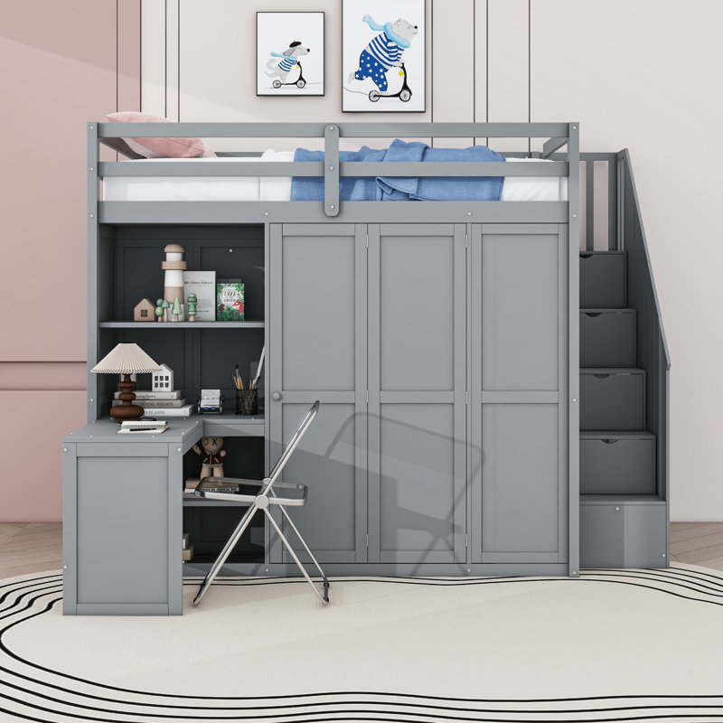 Full Wooden Loft Bed with Integrated Workspace and Wardrobe, Gray