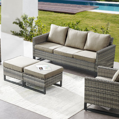 Nazime 74.02" Wide Outdoor Wicker Patio Sofa with Cushions and Ottomans