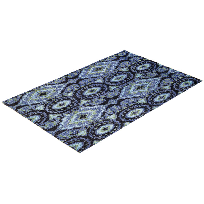 Tapis unique bleu / noir / vert clair noué à la main Tristion 5 pi 10 po x 9 pi 2 po