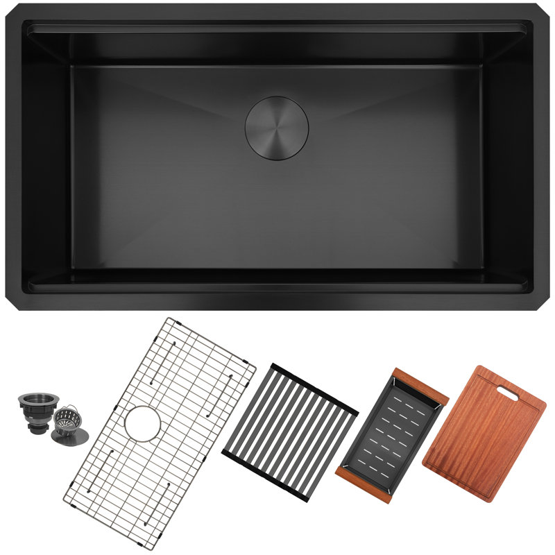 32'' L X 18'' W Workstation Single Basin Undermount Kitchen Sink With Accessories, Black